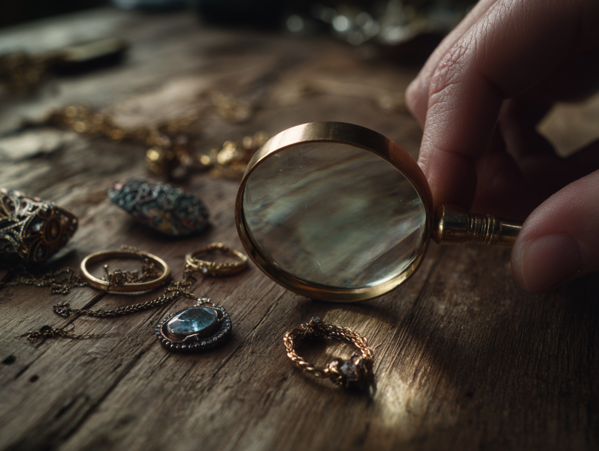 Antiker Schmuck aus einer Haushaltsauflösung wird auf einem Tisch begutachtet