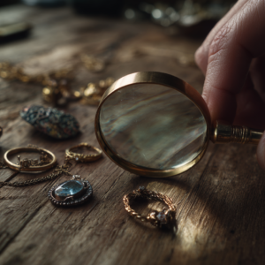 Antiker Schmuck aus einer Haushaltsauflösung wird auf einem Tisch begutachtet