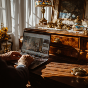 Eine Person vergleicht Gegenstände aus einer Haushaltsauflösung am Laptop mit Online-Angeboten