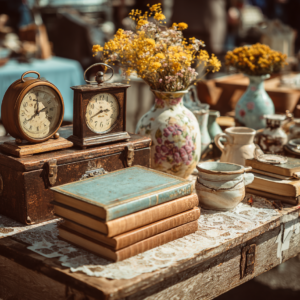 Ein Flohmarkt mit verschiedenen alten Gegenständen die nach einer Haushaltsauflösung noch Verwertbar waren